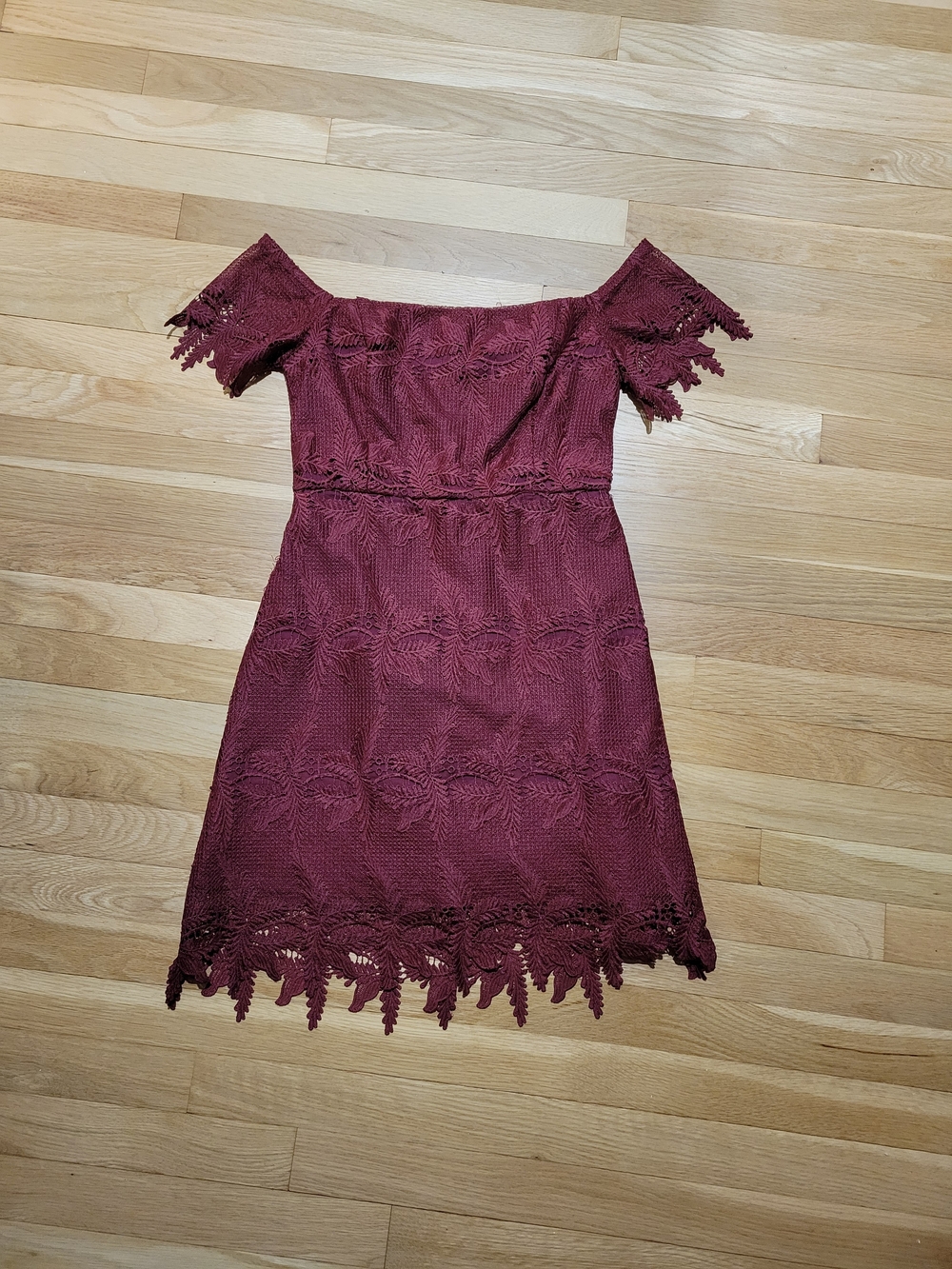 Astr Off-Shoulder Lace Mini Dress in Burgundy